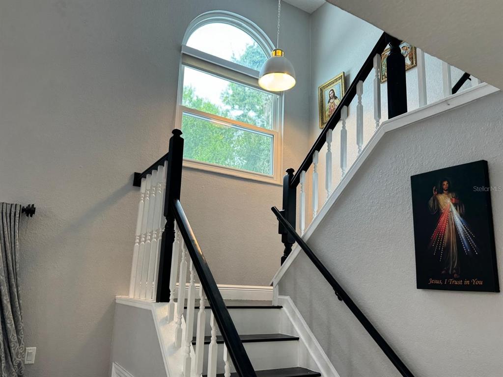 5221 Spike Horn Drive New Port Richey, FL 34653 - Photo 16 of 34 a view of staircase with wooden floor and a potted plant