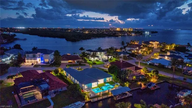 a view of a house with a yard and potted plants