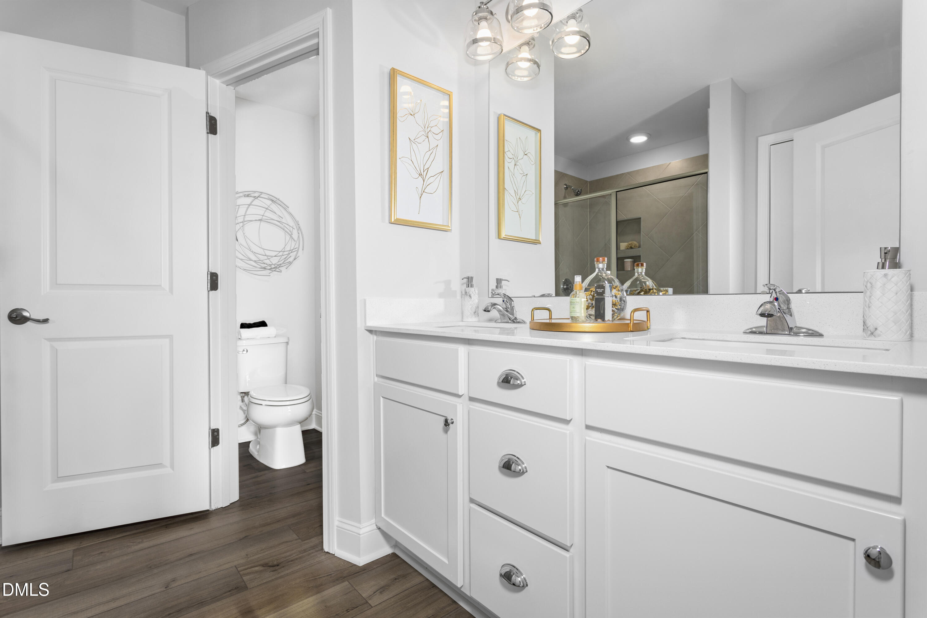 6419 Granite Quarry Drive Raleigh, NC 27610 - Photo 32 of 53 a bathroom with double vanity sink a mirror and a toilet
