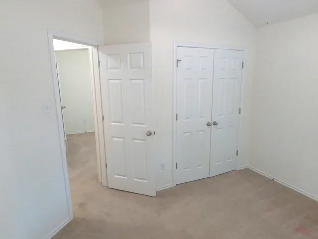 a view of a backyard with large trees