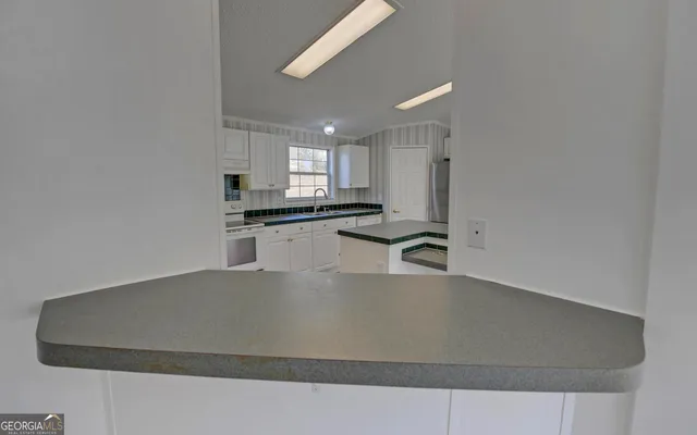 a kitchen with a sink a counter top space cabinets and stainless steel appliances