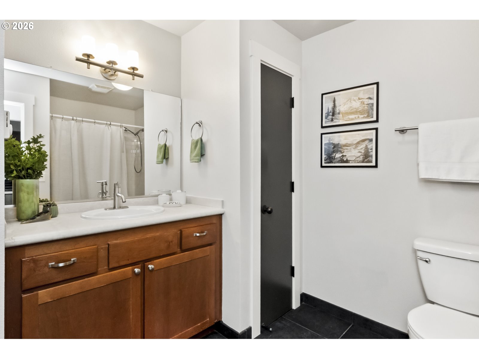 2301 Southeast Caruthers Street, Unit 1 Portland, OR 97214 - Photo 13 of 18 a bathroom with a toilet a sink a mirror and vanity