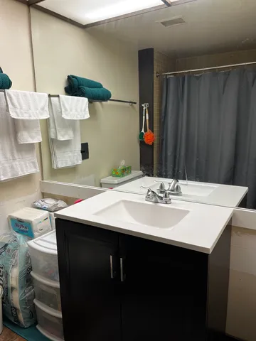 a bathroom with a sink and a mirror