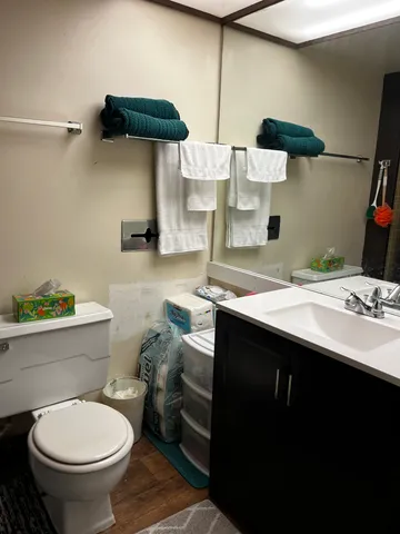 a bathroom with a sink a toilet and a mirror