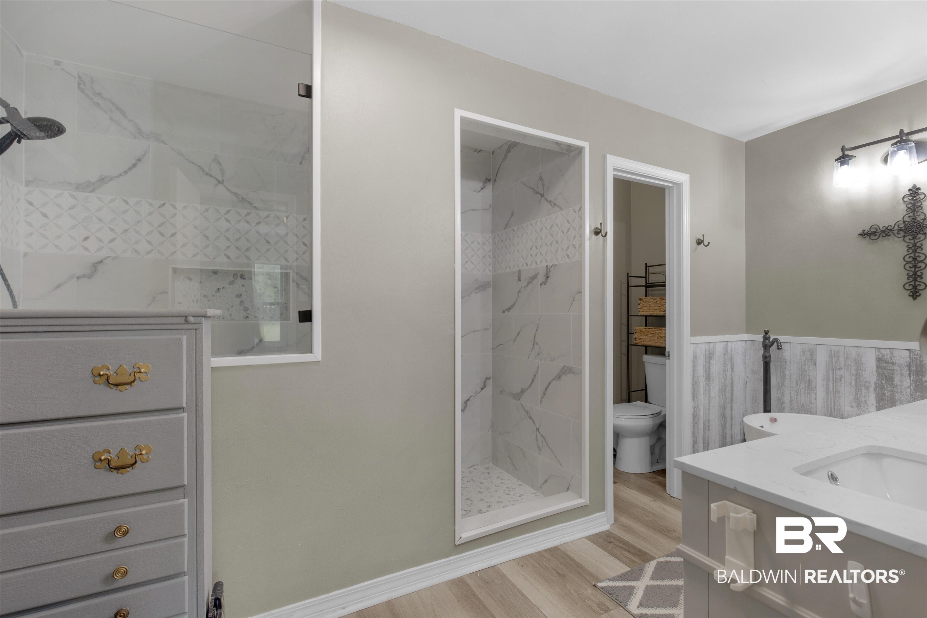 13925 Fort Lake Road Grand Bay, AL 36541 - Photo 12 of 37 Full bathroom with a marble finish shower, vanity, toilet, and wood finished floors