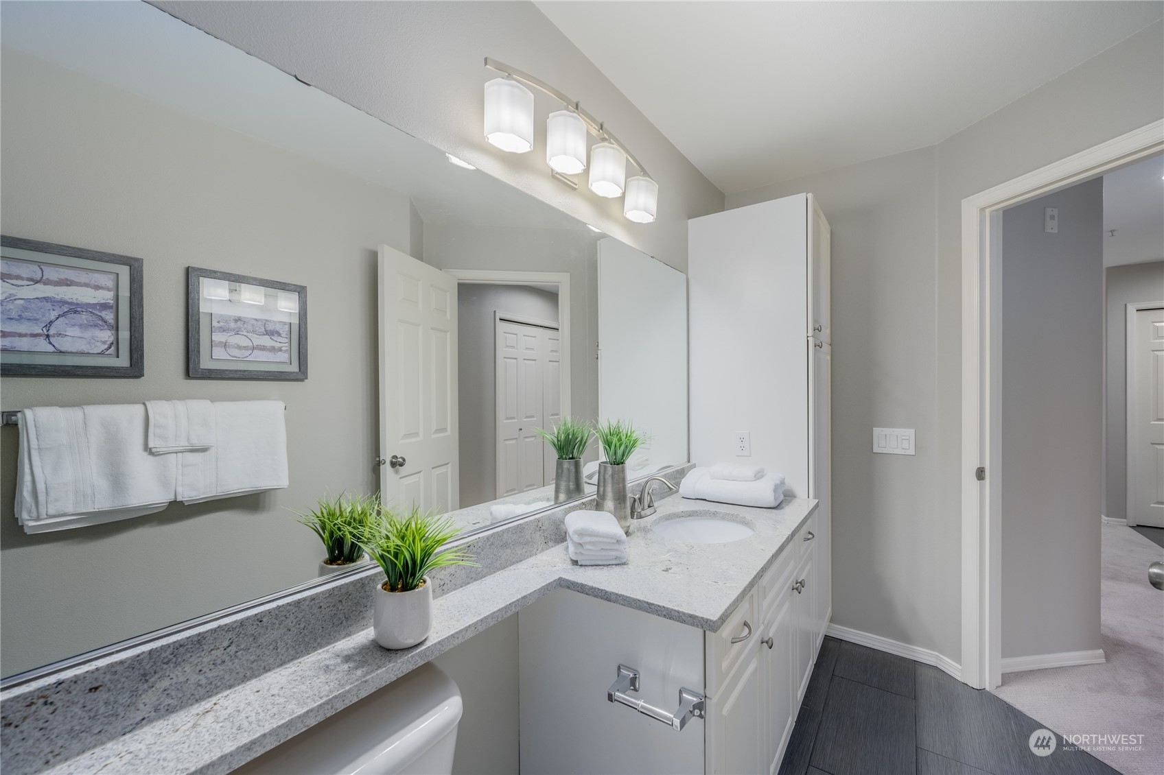 18501 Southeast Newport Way, Unit H236 Issaquah, WA 98027 - Photo 18 of 25 a bathroom with a sink a mirror and a potted plant