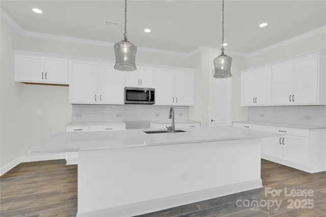 a kitchen with kitchen island a sink and white cabinets