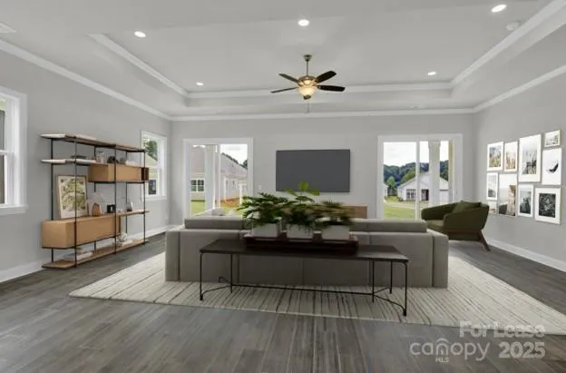 a living room with furniture and a large mirror