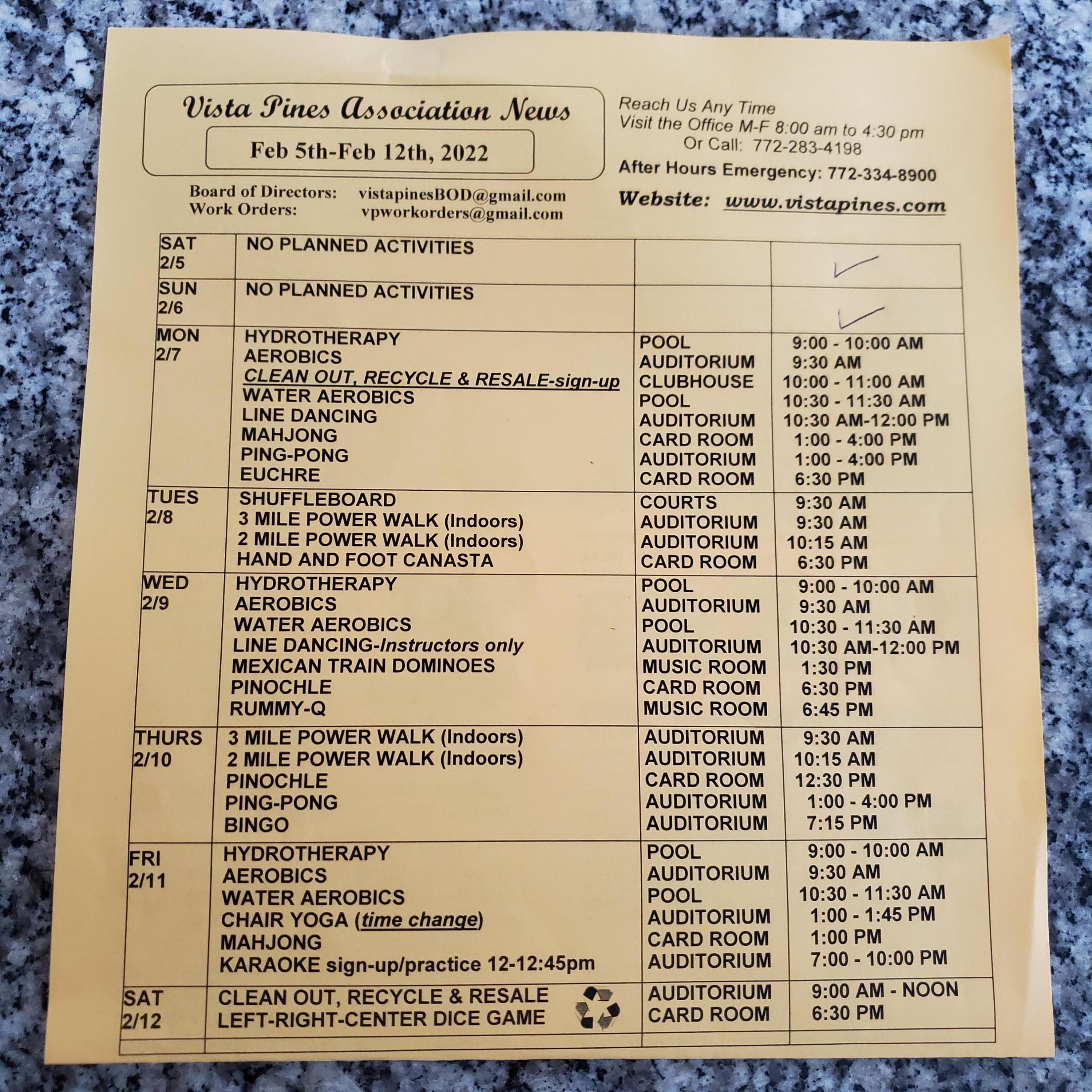 2600 Southeast Ocean Boulevard, Unit A11 Stuart, FL 34996 - Photo 62 of 62 VP ACTIVITIES SCHEDULE