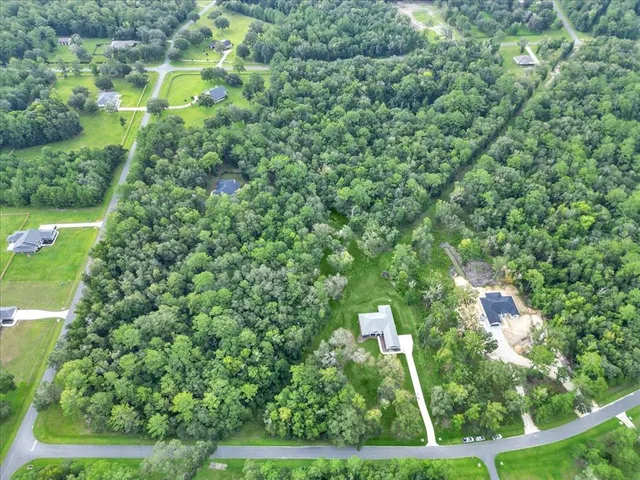 an aerial view of residential houses with outdoor space and trees