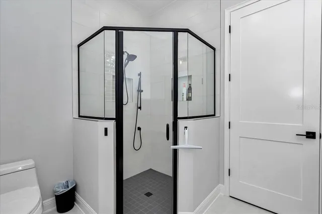 a bathroom with a shower and a toilet