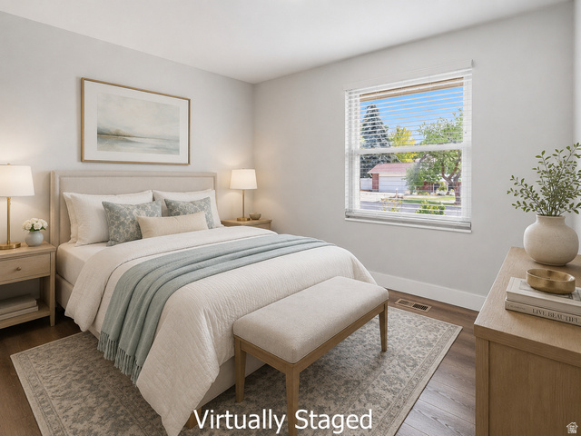 2693 Teal Way Sandy, UT 84093 - Photo 19 of 50 Bedroom featuring light-toned walls, wood-finish flooring, a window with horizontal blinds, a neutral-toned headboard, and a light-colored area rug