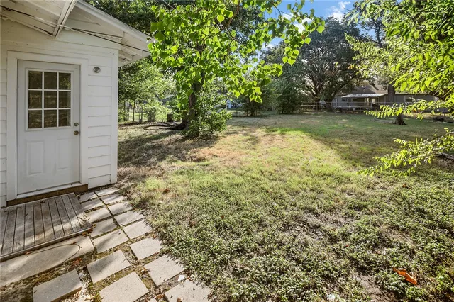 a view of a yard with plants and large trees