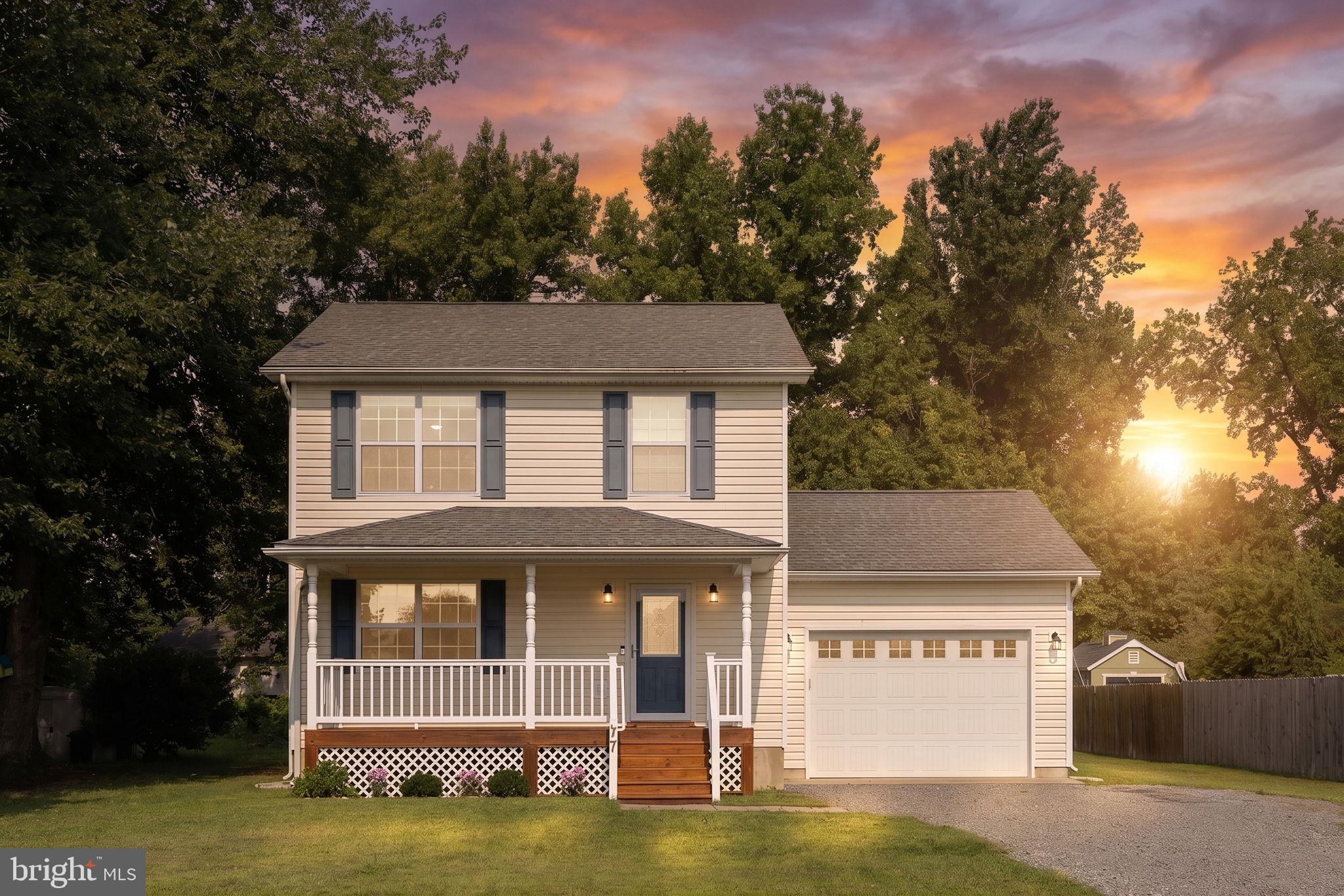 Charming home bathed in sunset glow.