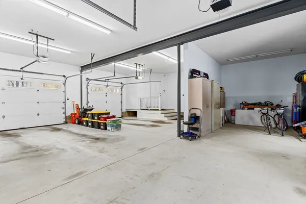 a view of a garage with storage