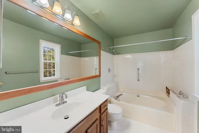 a bathroom with a bathtub shower sink vanity and toilet