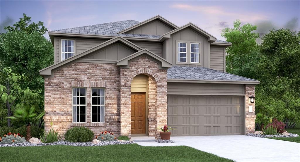 124 Concho Brook Bend Georgetown, TX 78626 - Photo 1 of 1 Craftsman house featuring driveway, a front lawn, brick siding, board and batten siding, and a garage