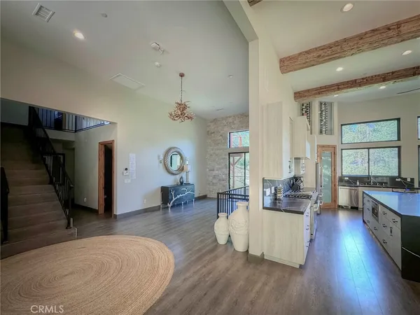 a bedroom with a bed and a fireplace