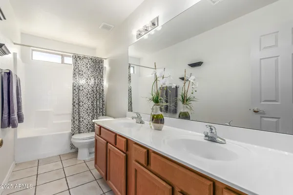 a bathroom with a double vanity sink toilet and shower