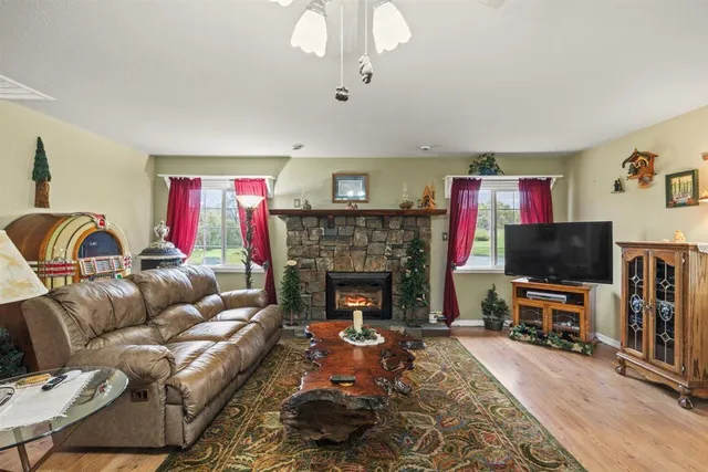 a view of a field with trees in the background