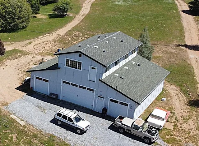 an aerial view of a swimming pool