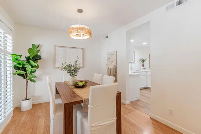 a dining room with furniture potted plants and wooden floor