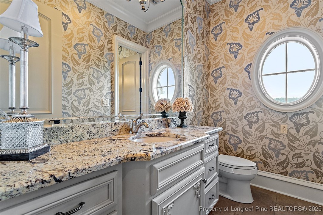 4909 Deep Branch Road Pembroke, NC 28372 - Photo 39 of 50 a bathroom with a granite countertop toilet sink and mirror