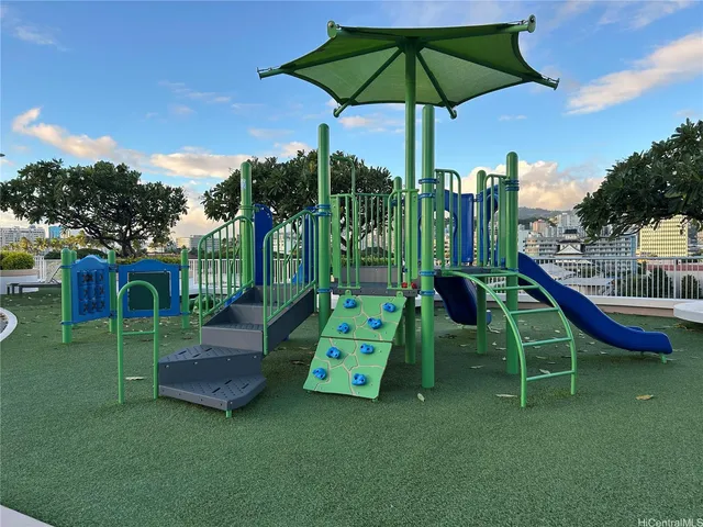 a view of a park with slide