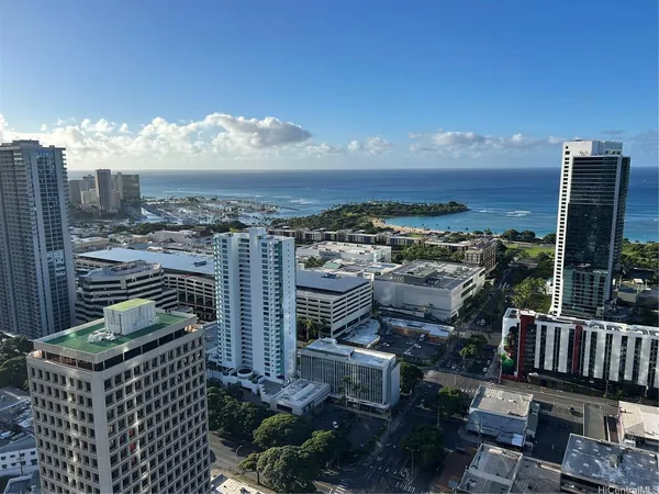 a city view with tall buildings