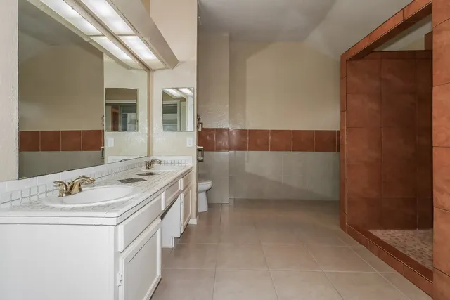 a bathroom with a sink a toilet and shower