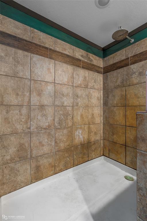 9489 Capps City Road Rodessa, LA 71069 - Photo 14 of 24 Tiled shower stall featuring a rainfall shower head, decorative wood-finish tile accent band, and a white shower pan
