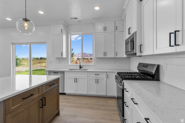 1213 West 500 South Logan, UT 84321 - Photo 8 of 29 Modern kitchen featuring white shaker cabinetry, stainless steel appliances, light wood-finish flooring, and a contrasting island with a white countertop