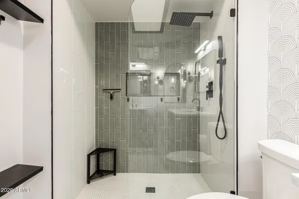 a bathroom with a shower and a toilet
