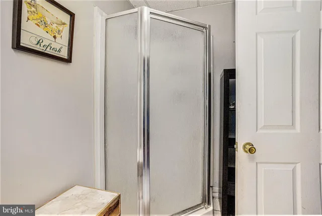 a bathroom with a shower and a sink
