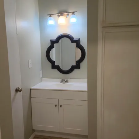 a bathroom with a sink and a mirror