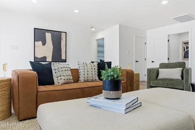 a living room with furniture flowerpot and a potted plant