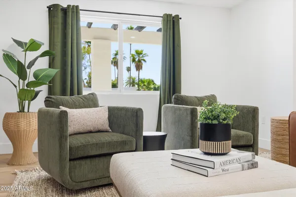 a living room with furniture and a potted plant