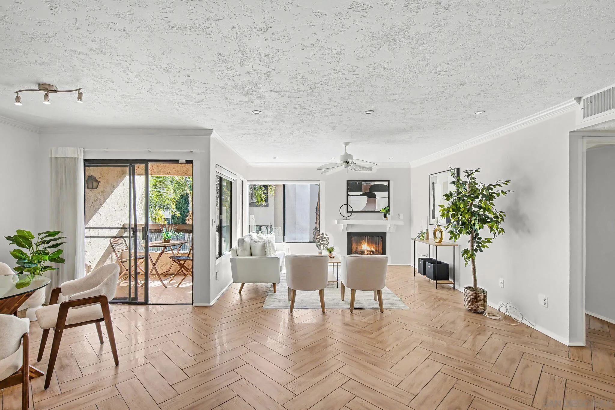 a living room with furniture a potted plant and a large window