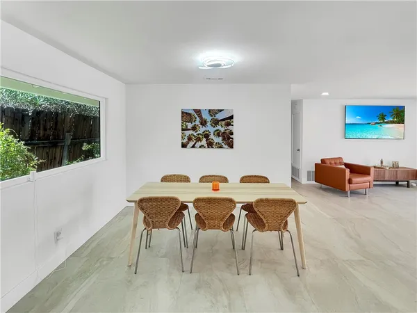 a view of a dining room with furniture window and outside view