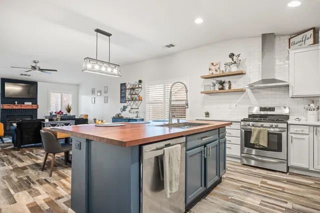 a kitchen with lots of counter top space