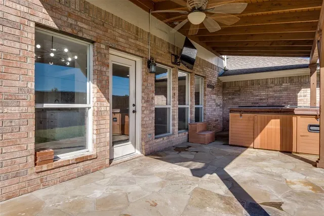a view of a porch of a house