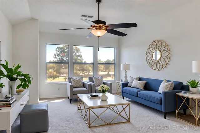 a living room with furniture a chandelier and a window