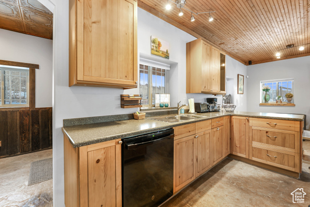 2029 West Tollgate Road Coalville, UT 84017 - Photo 16 of 43 Kitchen with black dishwasher, a peninsula, light brown cabinets, wooden ceiling, and track lighting