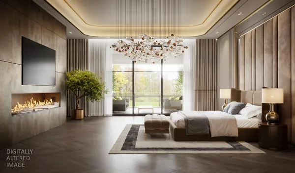 a bedroom with bed and a chandelier