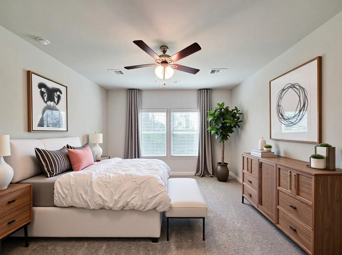 94 Valiant Ridge Trail Magnolia, TX 77354 - Photo 29 of 45 a bedroom with a large bed and a chandelier
