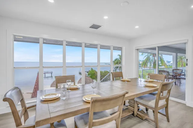 a view of a dining room with furniture window and outside view
