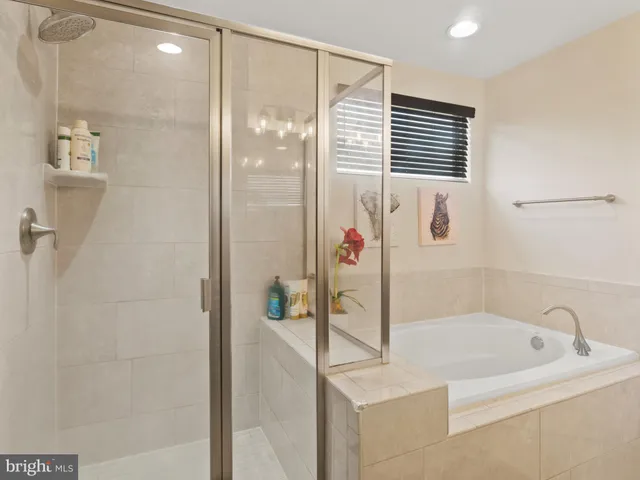 a bathroom with a bathtub and a shower