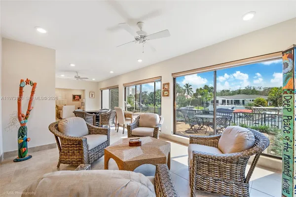 a living room with furniture and a floor to ceiling window