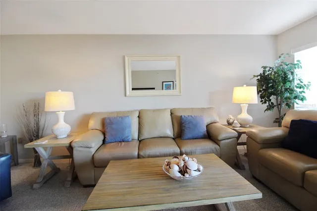 a living room with furniture a lamp and a potted plant