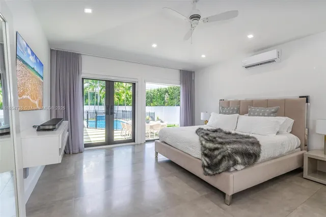 a spacious bedroom with a bed and a large window